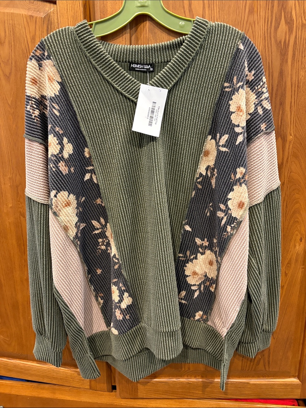 NWT HEIMISH USA Olive Ribbed Crewneck Sweater with Navy Floral Panels size small